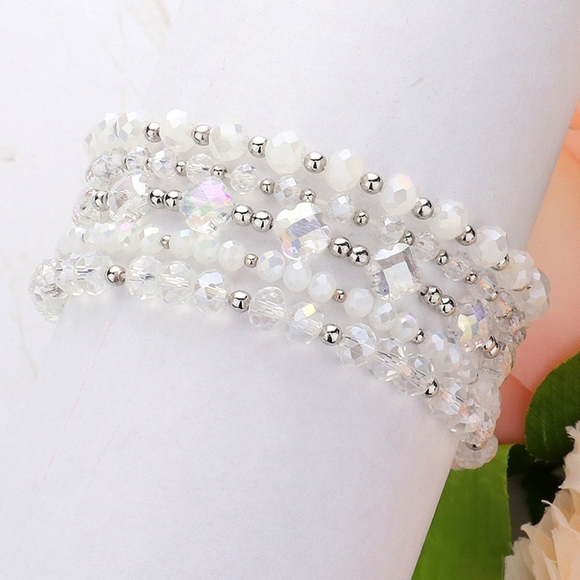 Clear Faceted Beaded 5 Piece Stacked MultiLayered Stretch Bracelets Jewelry - Picture 1 of 4